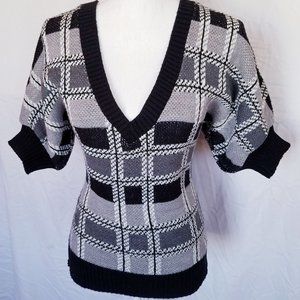 Black, Grey & White Plaid V-Neck Sweater